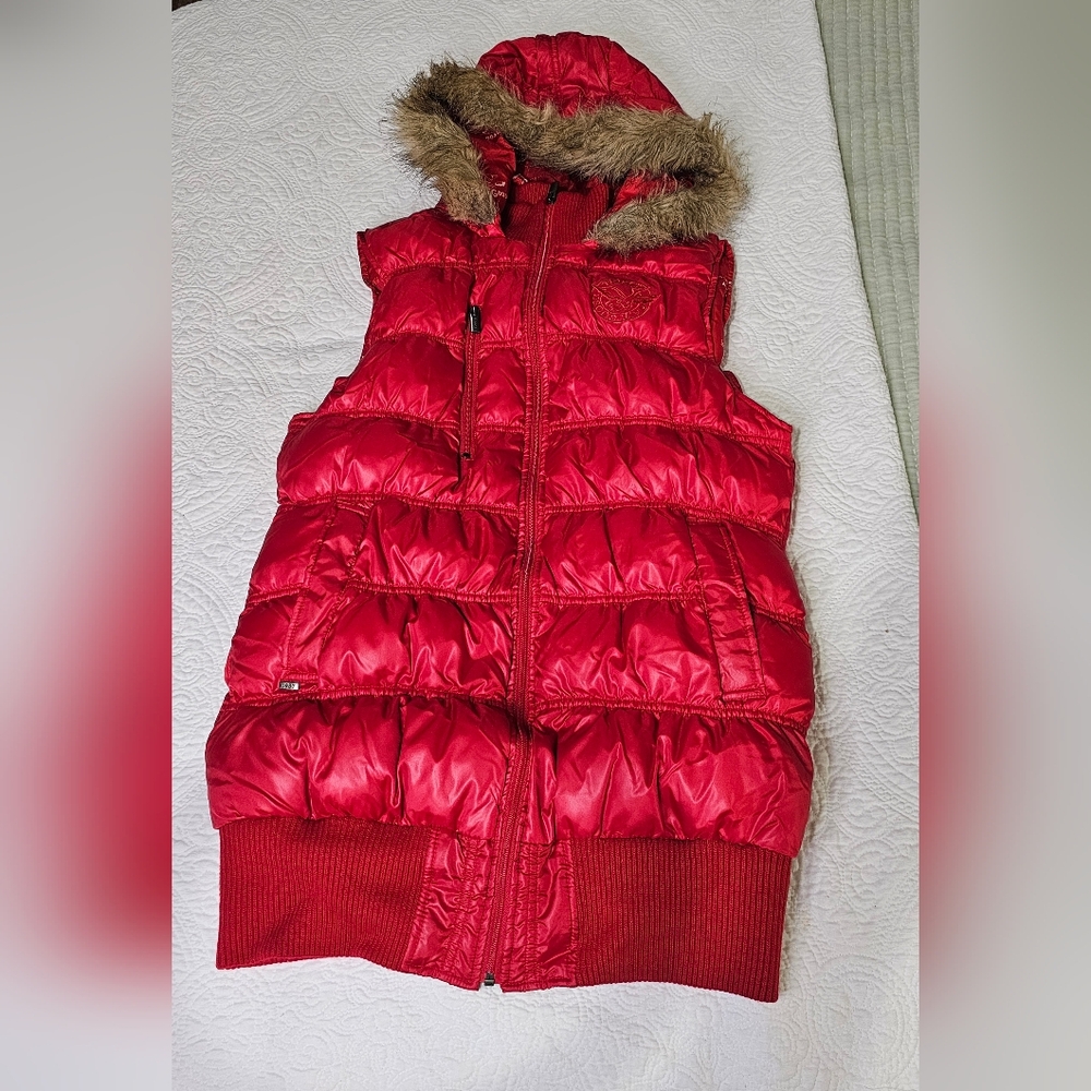 Womens Long Red Triple F.A.T Goose Puffer Vest Size XL